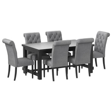 7 Pieces Dining Set, Rectangular Table & 6 Cushioned Chairs With Tufted Back