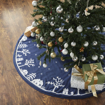 Handmade Christmas Tree Skirt in Cotton - Village Scene on Navy Blue - 60"