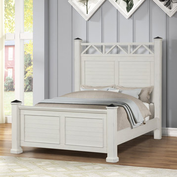 Queen Platform Bed, Geometric Slat Headboard With Chamfer Details, Antique White