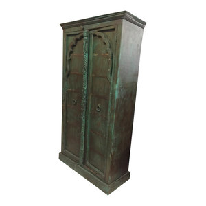 Mogul Interior - Consigned Antique Mehrab Style Wood Armoire Green Moroccan Storage Cabinet - Armoires And Wardrobes