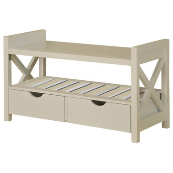 Shoe Bench Display With Storage Shelves and Drawers, White Finish