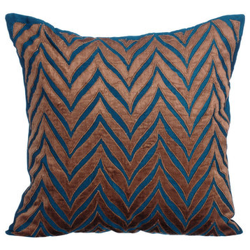 Blue Decorative Pillow Covers 22"x22" Velvet, Chevron Escape