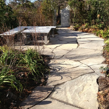 Provincetown stone walkway and pool, adding arbors and tall trees