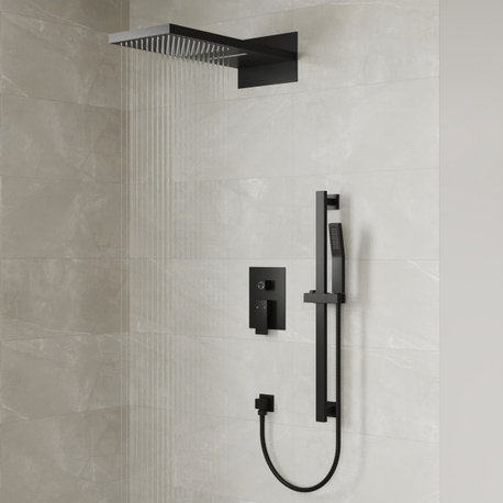 Dual-Function Waterfall & Rainfall Shower Faucet Set With Rough-In Valve, Matte Black