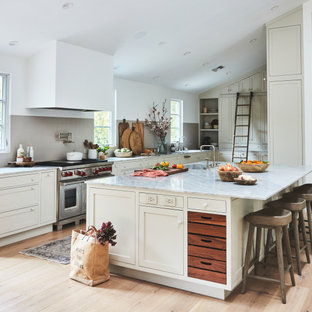 Mid-sized transitional kitchen ideas - Kitchen - mid-sized transitional kitchen idea in Los Angeles with beige backsplash, ceramic backsplash, stainless steel appliances and an island