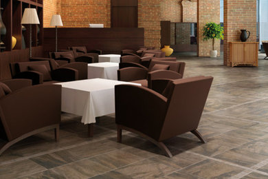 Example of a large transitional ceramic tile dining room design in Orange County with brown walls and no fireplace