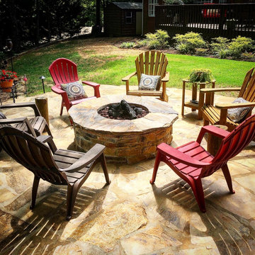 Flagstone patio and Moss rock Wall