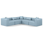 Meridian Furniture - Cube Upholstered Modular Sectional, Light Blue, 5-Piece: 2 Armless Chair, 3 Corner Chair, Vegan Leather - Elevate your space with the luxurious Cube Vegan Leather Modular Sectional. This modular sectional exudes modern elegance, charm, and comfort making it a perfect addition to any contemporary living space. Its clean lines and cube shape are reminiscent of minimalist design, while the plush light blue vegan leather upholstery adds a touch of luxury and sophistication. The chair's versatile construction and geometric aesthetic seamlessly integrate into various design styles, from sleek living rooms to chic home offices, embodying the essence of modern design and creating a sense of order and tranquility in your space.