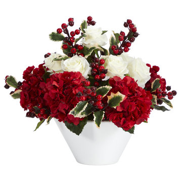 17" Rose, Hydrangea and Holly Berry Artificial Arrangement, White Vase