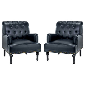 34.8" Wooden Upholstered Armchair, Set of 2, Navy