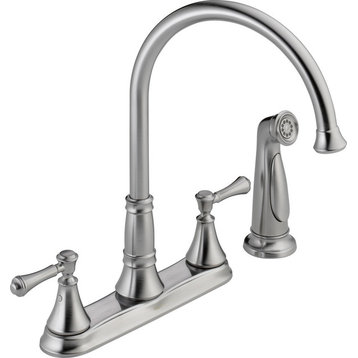 Delta Cassidy Two Handle Kitchen Faucet With Spray, Arctic Stainless, 2497LF-AR