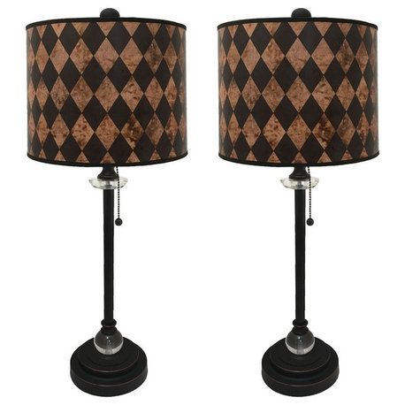 28" Crystal Lamp With Black Diamond Papyrus Shade, Oil Rubbed Bronze, Set of 2