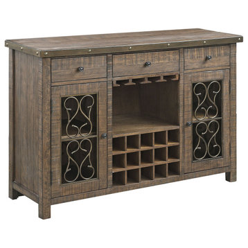 Farmhouse Sideboard, Cabinet Doors With Unique Scrolled Accents & Grid Wine Rack