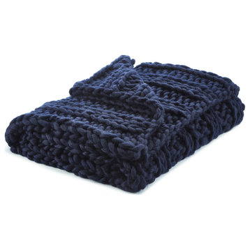 Navy Blue Knitted Polyester Solid Color Throw Blanket
