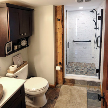 Century Home Farmhouse Masterbath with Vessel Sink and Tiled Shower