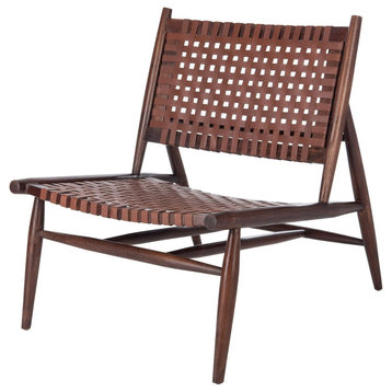 Scandinavian Accent Chair, Sungkai Wood Frame & Woven Cognac Brown Leather Seat