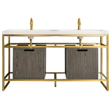Boston 63" Double Sink Console, Radiant Gold, Ash Gray, White Gloss Top