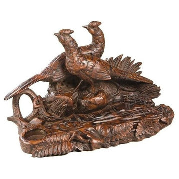 Pen Holder Desk Tray Pheasant Birds Rustic Carved Hand Painted OK