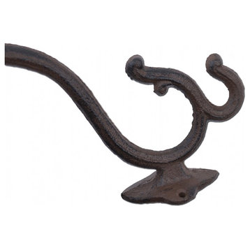 Decorative Victorian Triple Wall Hook, Rust Brown Cast Iron, 7" Tall
