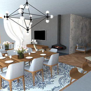 Geschlossenes, Großes Modernes Esszimmer mit grauer Wandfarbe, braunem Holzboden, Hängekamin, Kaminsims aus Stein und braunem Boden in Amsterdam