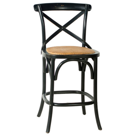 Antiqued Black Oak & Rattan Counter Stool