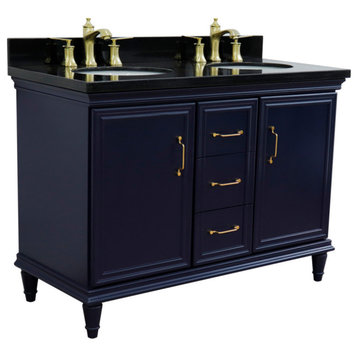 49" Double Vanity, Blue Finish With Black Galaxy And Oval Sink
