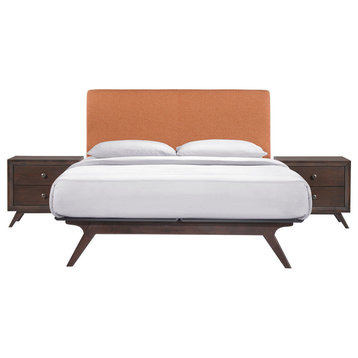 Modern Urban Contemporary 3-Piece Set Queen Size Bedroom Set, Orange Fabric Wood