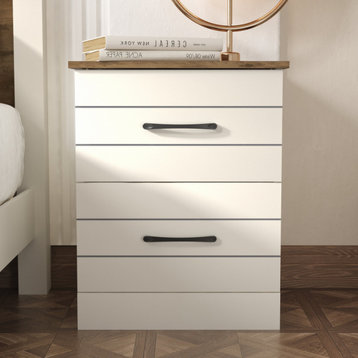 Elis 2 Drawers Nightstand, Ivory With Knotty Oak