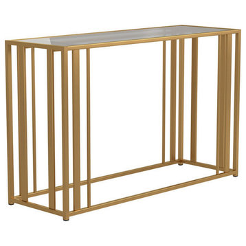 Benzara BM229642 Glass Top Sofa Table With Metal Tubular Base, Brass