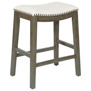 Saddle Stool 24", Beige Fabric and Antique Gray Base and Linen Fabric, Set of 2