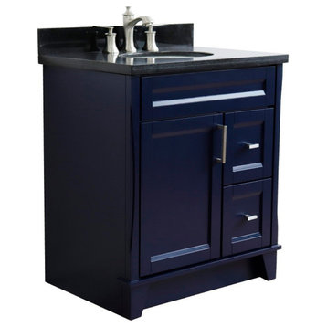 31" Single Sink Vanity, Blue Finish With Black Galaxy Granite With Oval Sink