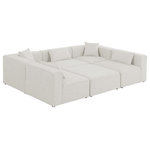 Meridian Furniture - Cube Upholstered Modular Sectional, Cream, 6-Piece: 3 Armless Chair, 2 Corner Chair, 1 Ottoman, Linen Texured Fabric - Treat yourself to some long overdue "me time" when you're seated on this Cube 6-Piece Modular Sectional. This beautiful modular unit is both eye-catching and elegant, features durable linen textured upholstery in a soft cream color that meshes well with nearly any existing color scheme. Pair this modular Sectional with other items in the same collection to create an unlimited number of combinations and enjoy the custom seating arrangement of your dreams. Latches underneath make it easy to attach pieces to one another.