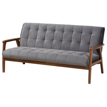 Westings Gray Velvet Fabric Walnut Wood Sofa