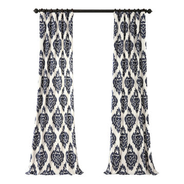 Ikat Blue Printed Cotton Curtain Single Panel, 50"x120"
