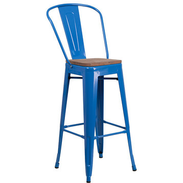 30"High Blue Metal Barstool with Back and Wood Seat