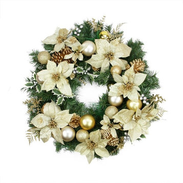24" Gold Poinsettia Pine Cone and Ball Christmas Wreath