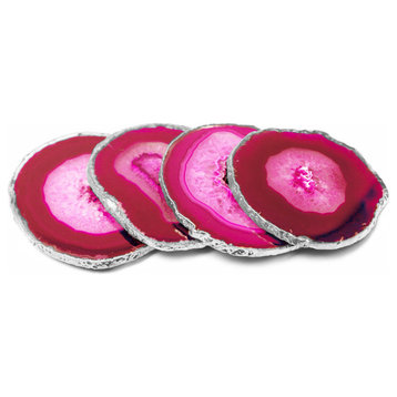 Modern Home Set of 4 Natural Agate Stone Coasters - Pink w/Silver Edge