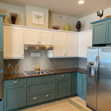 White & Teal Kitchen - White Upper Cabinets / Teal Lower Cabinets with Brushed N