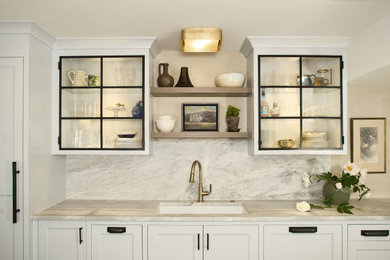 Kitchen - small transitional single-wall kitchen idea in Grand Rapids with gray cabinets, stone slab backsplash and recessed-panel cabinets