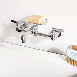 Wall-Mount Faucet With Soap Tray - Lever Handles - Chrome - Bathroom Sink Faucets