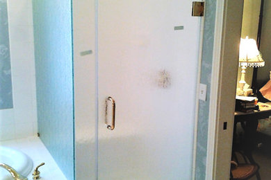 Example of a large classic master white tile and ceramic tile ceramic tile and beige floor bathroom design in Indianapolis with blue walls and a hinged shower door