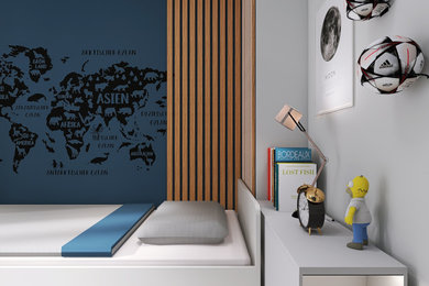 Mittelgroßes Nordisches Jungszimmer mit Schlafplatz, blauer Wandfarbe, gebeiztem Holzboden, braunem Boden, eingelassener Decke und Wandpaneelen in München