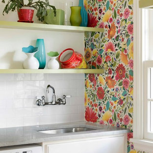 Classic separated utility room in Minneapolis with a submerged sink, open cabinets, multi-coloured walls and grey worktops.