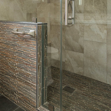 Custom Mediterranean Bathroom Remodel in Woodland Hills with Natural Wood Vanity