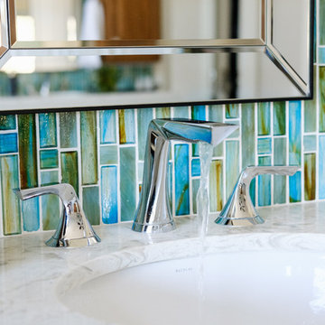 White & Bright Master Bathroom w/ Teal mosaic tile backsplash & Freestanding tub