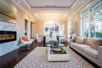 Photo of a large contemporary formal open concept living room in Vancouver with beige walls, dark hardwood floors, a ribbon fireplace, a tile fireplace surround and brown floor.