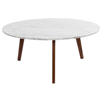 Stella 31" Round Italian Carrara White Marble Coffee Table with Walnut Legs