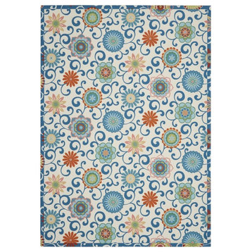 Waverly Sun N Shade 93x130" Rectangle Fabric Area Rug in Blue/Ivory