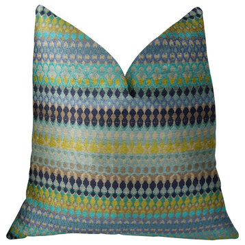 Lake Marsh Turquoise Yellow and Navy Handmade Pillow, Double Sided 24"x24"