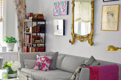 Inspiration for a small transitional formal and open concept medium tone wood floor living room remodel in New York with gray walls